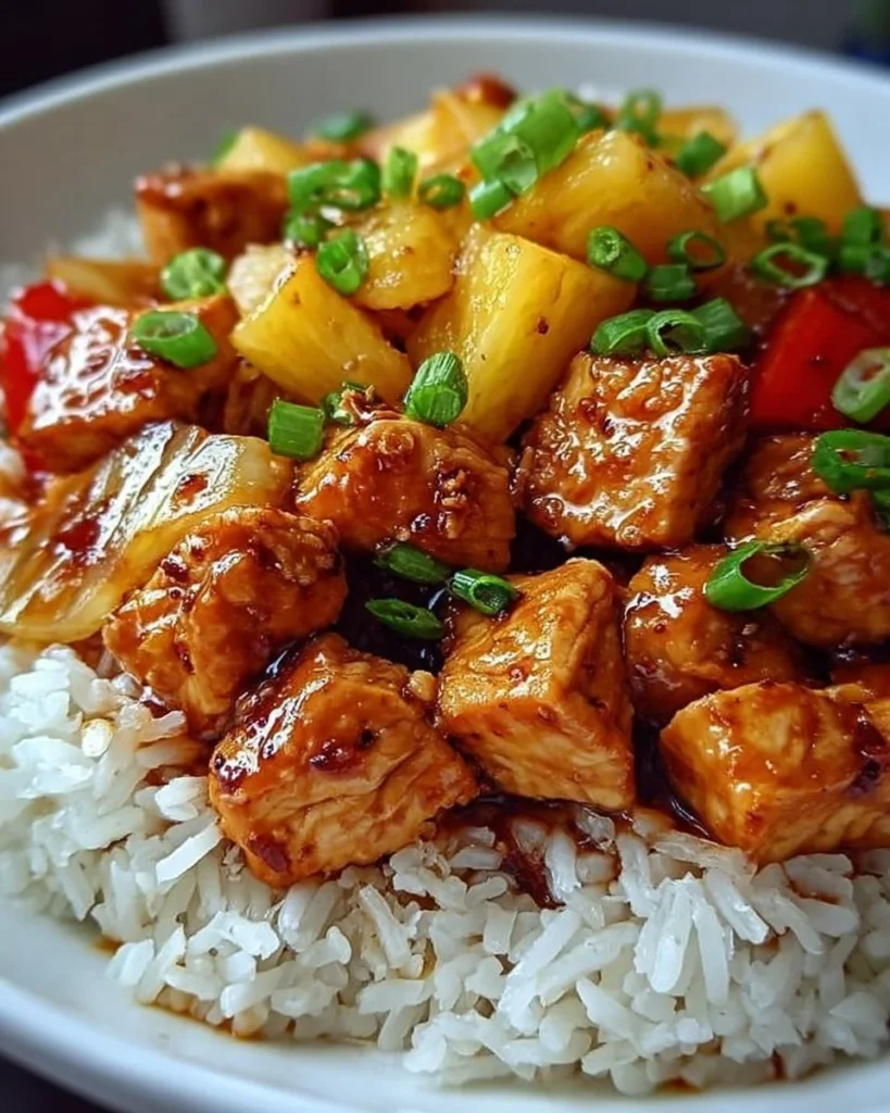 Delicious Pineapple Chicken served over a bed of rice