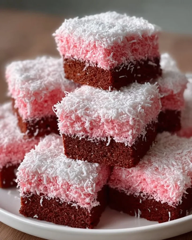 Pink coconut snowball cake bars topped with fluffy coconut frosting and sprinkles.
