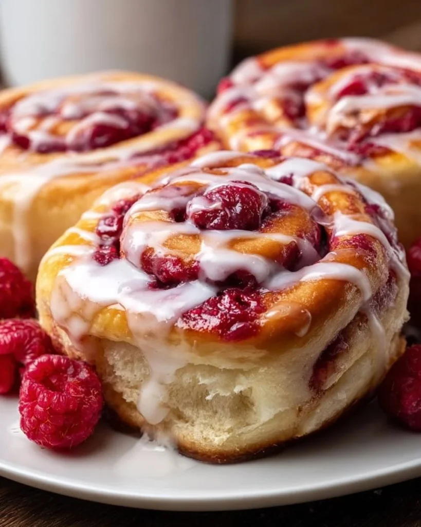 Freshly baked raspberry cinnamon rolls topped with lemon glaze.