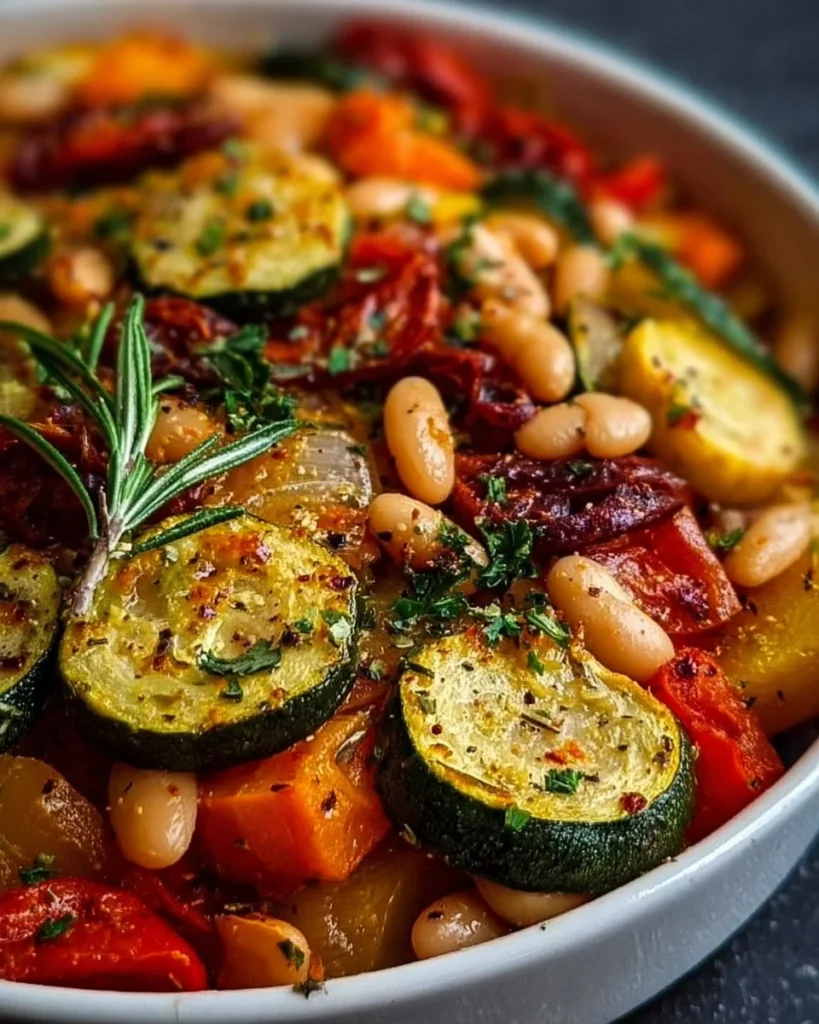 Rustic roasted vegetable bake with cannellini beans served in a textured bowl