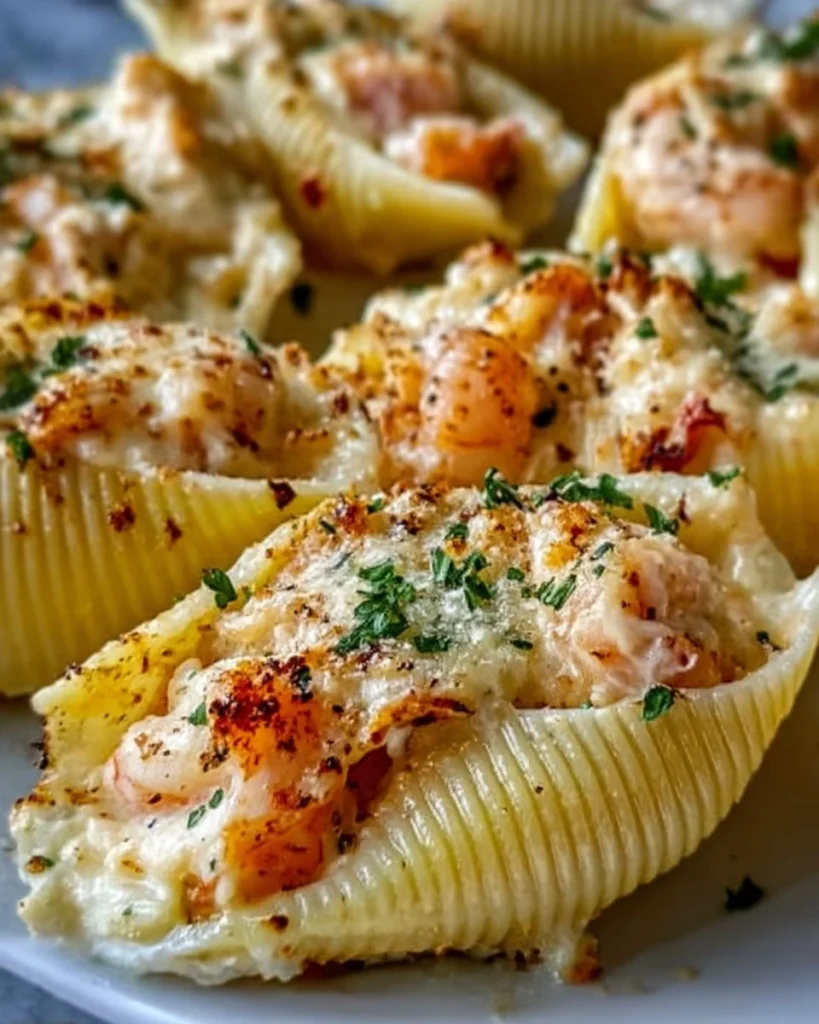 Plate of Seafood Stuffed Shells with creamy filling and fresh herbs.