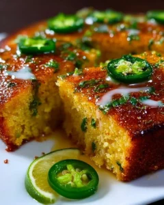 Spicy sweet jalapeño cornbread topped with zesty lime drizzle