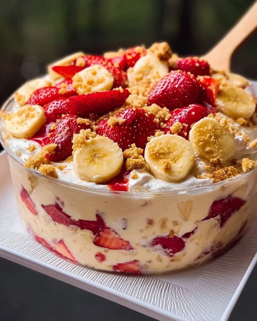 Delicious strawberry banana pudding layered with fresh fruit and creamy texture