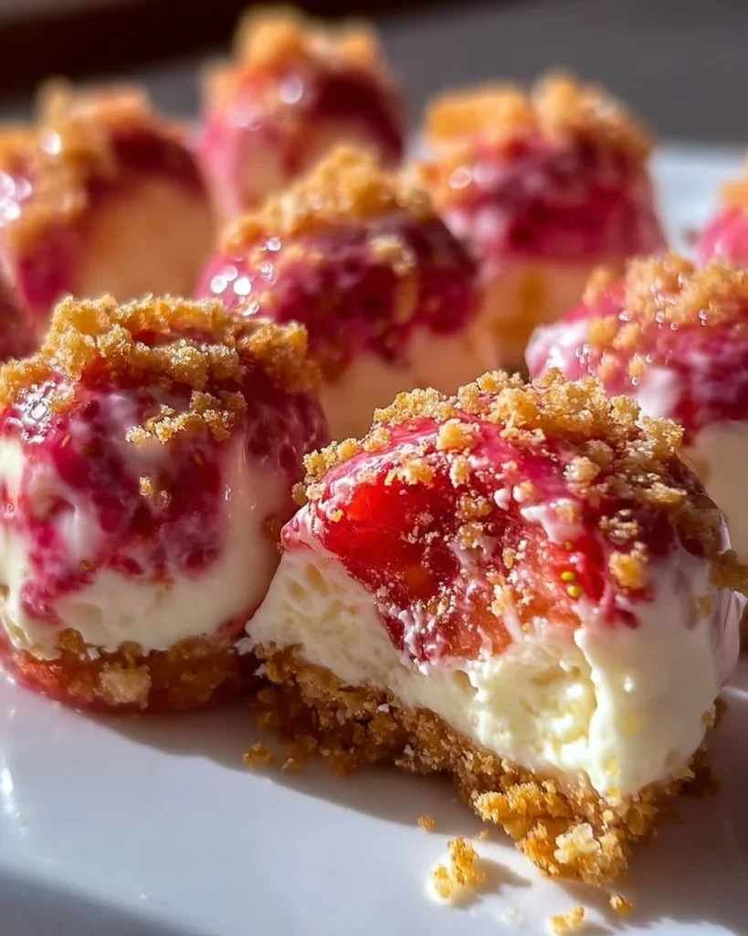 Strawberry Crunch Cheesecake Bites served on a plate