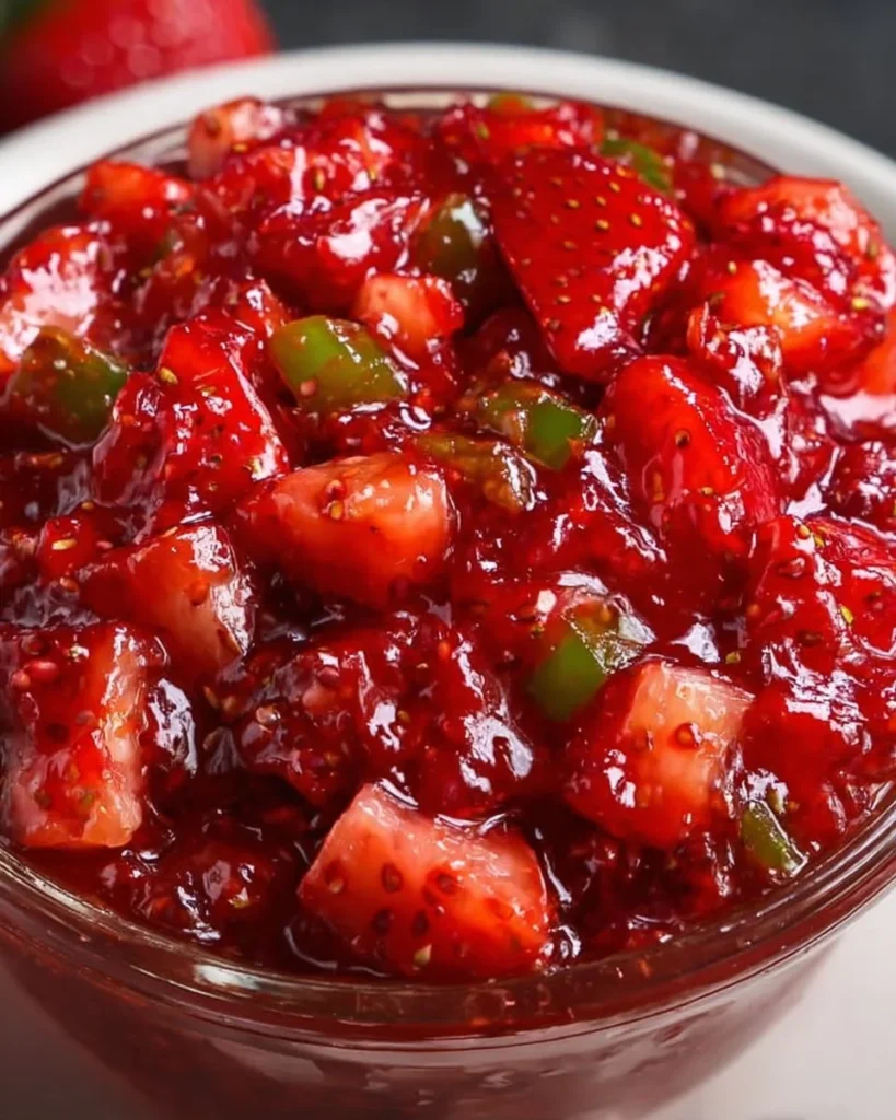 Vibrant jar of homemade strawberry jalapeno jam on a wooden table