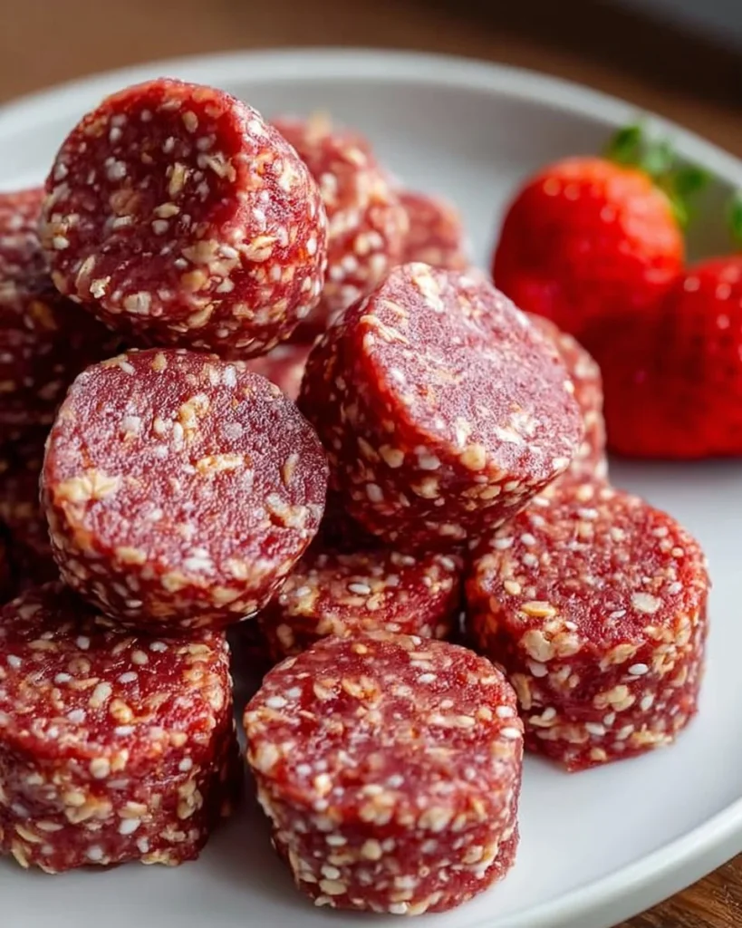 Homemade Strawberry Oat Nibbles for dogs in a bowl.