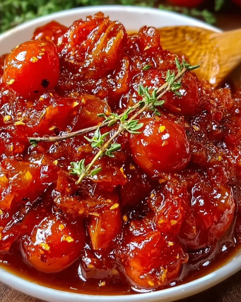 Homemade sweet and spicy cherry tomato jam in a jar