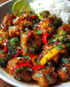 Delicious Sweet and Spicy Thai Chicken served with vibrant vegetables