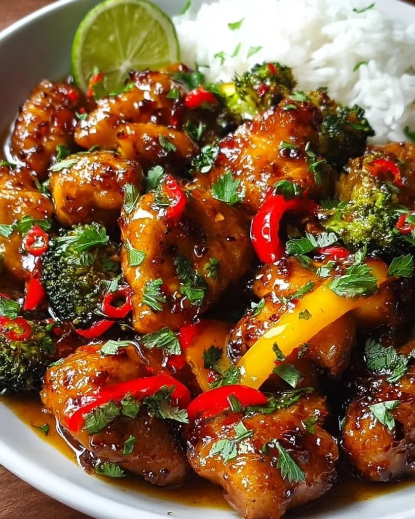 Delicious Sweet and Spicy Thai Chicken served with vibrant vegetables