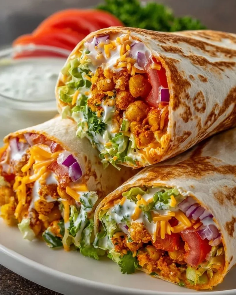 15-Minute Buffalo Chickpea Wraps ready to serve with fresh ingredients