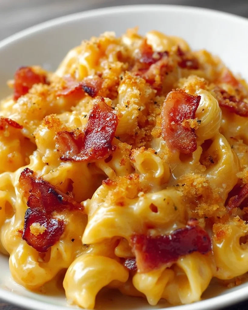 Creamy Bacon Mac and Cheese topped with crispy bacon pieces