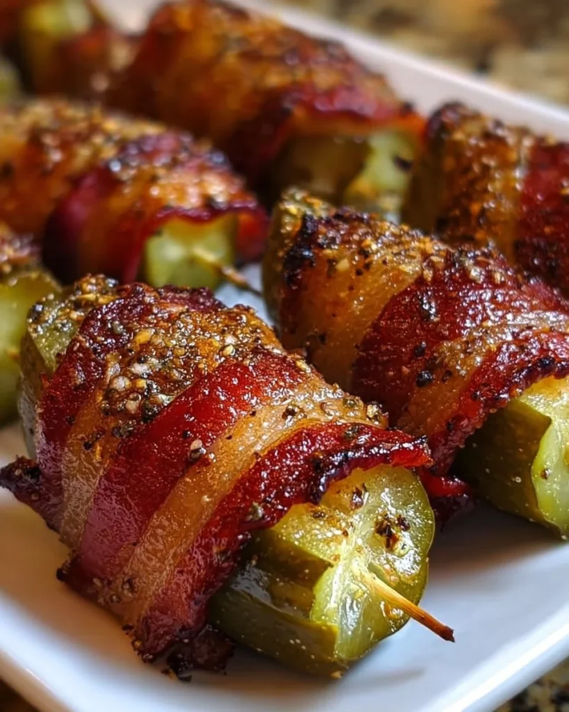 Bacon-wrapped pickles arranged on a platter for a tasty appetizer