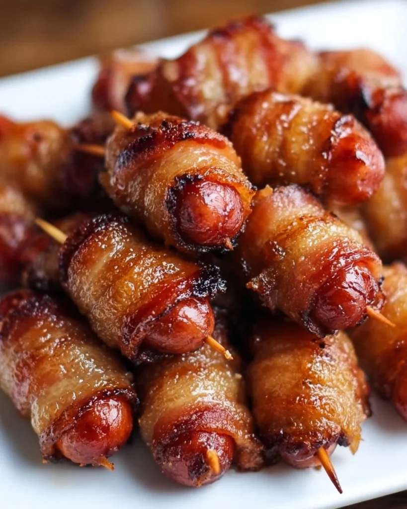Delicious Bacon Wrapped Smokies served on a platter, perfect appetizer for parties.