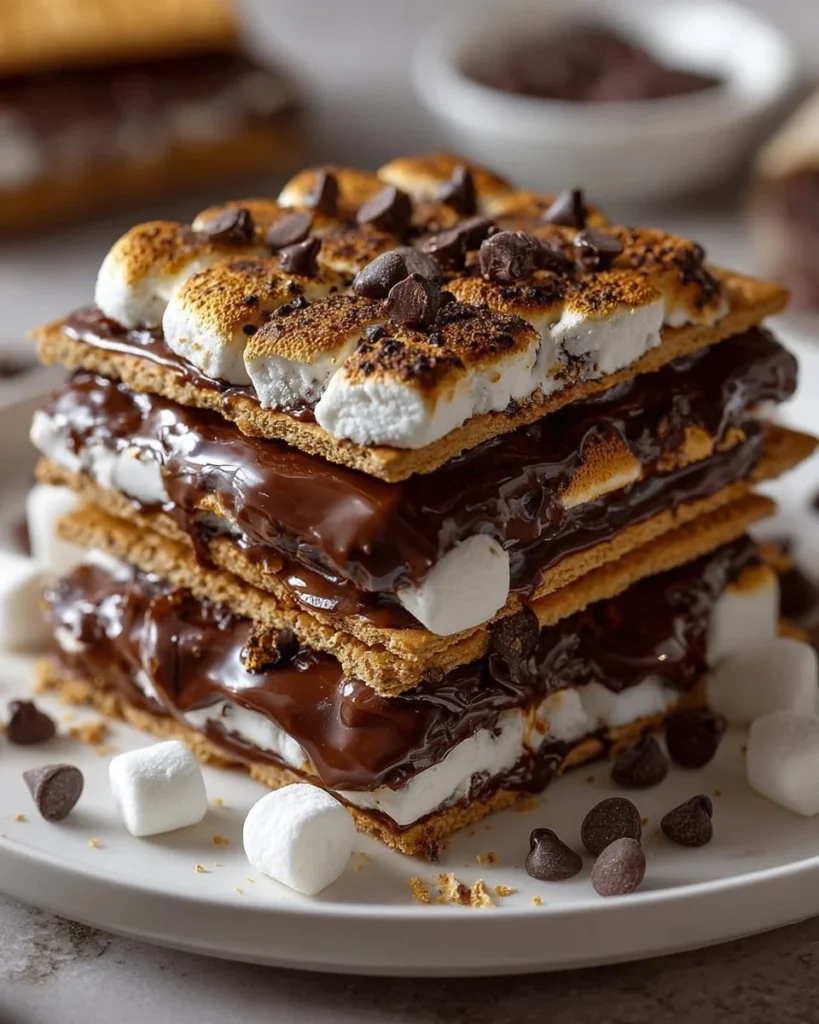 Delicious baked S'mores with melted chocolate and marshmallows on a graham cracker crust