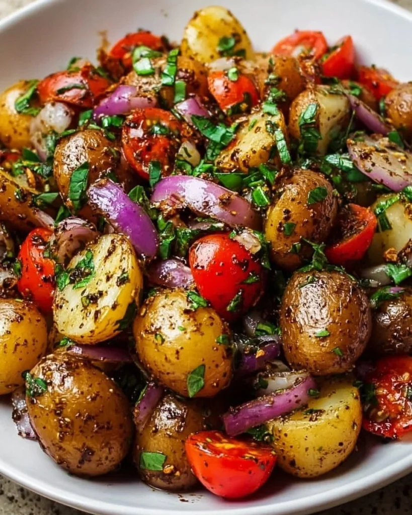 Balsamic Potato Salad with fresh herbs and colorful vegetables