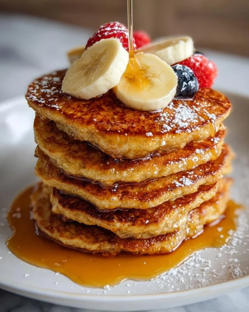Stack of fluffy banana pancakes topped with syrup and fresh bananas