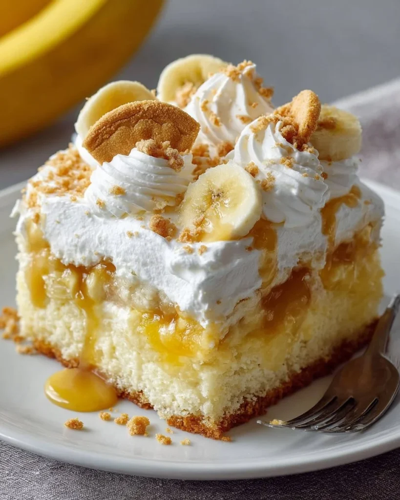 Delicious Banana Pudding Poke Cake topped with whipped cream and banana slices