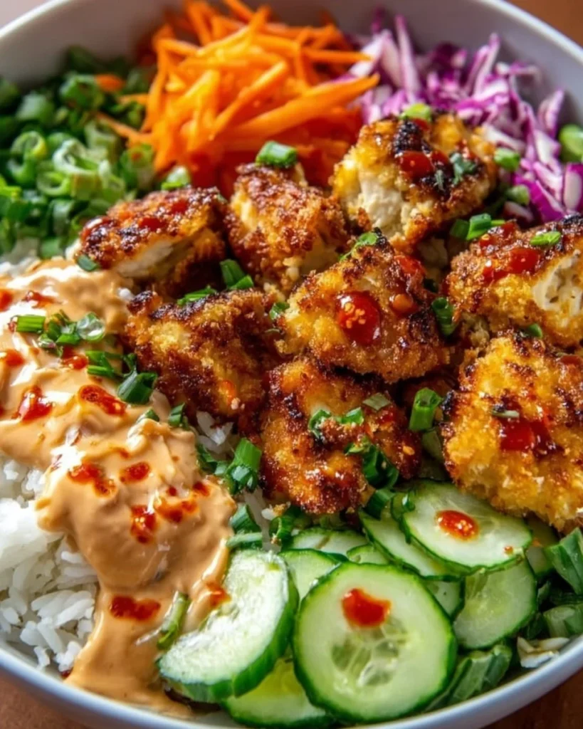 Delicious Bang Bang Chicken Bowl garnished with fresh vegetables