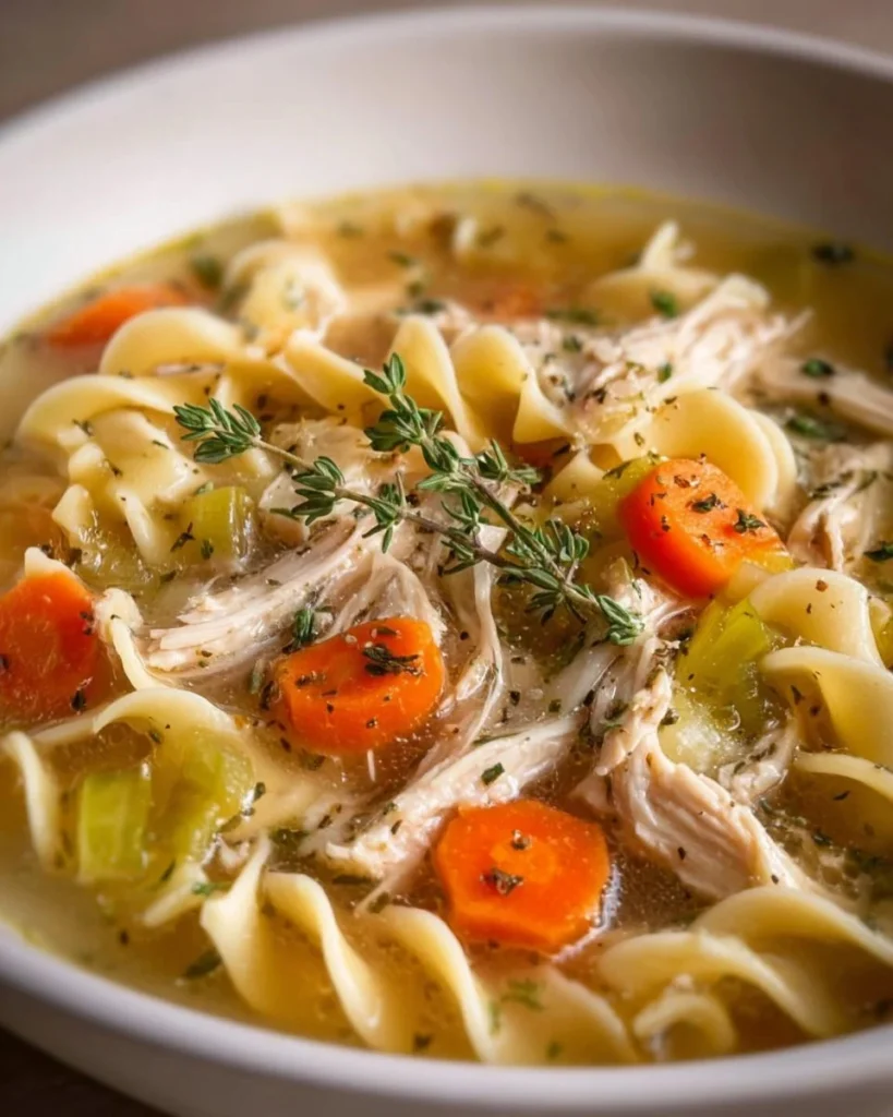 Delicious bowl of turkey noodle soup with vegetables and herbs