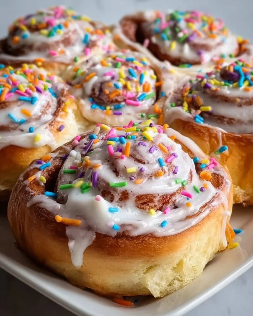 Delicious Birthday Cake Cinnamon Rolls topped with colorful sprinkles and icing.