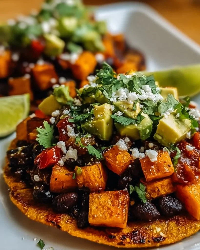 Black Bean Sweet Potato Tostadas topped with avocado and cilantro