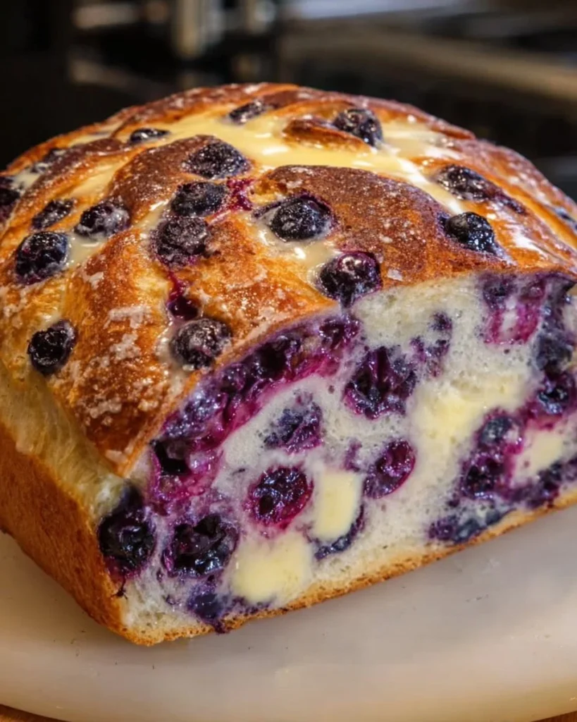 Slices of blueberry lemon cream cheese sourdough bread on a wooden board