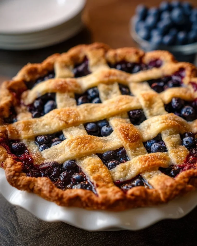 Homemade blueberry pie with a flaky crust and fresh blueberries.