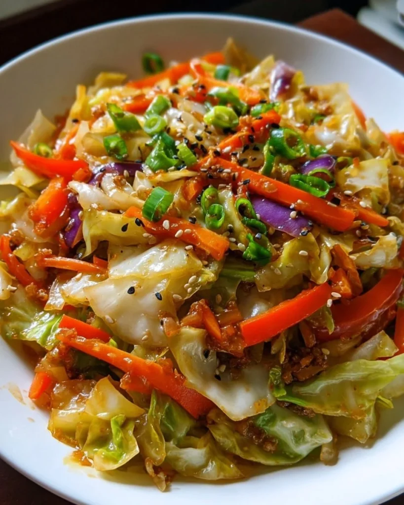 Colorful cabbage stir fry with vegetables in a pan.