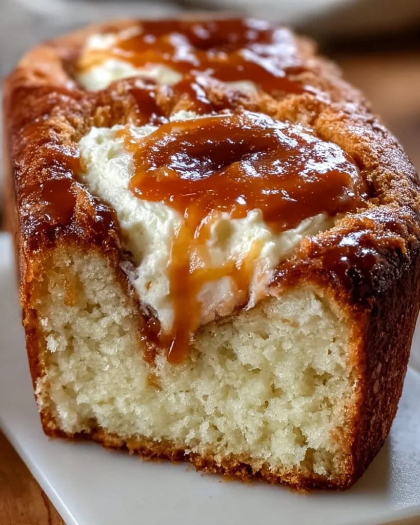 Delicious Caramel Cream Cheese Bread with a drizzle of caramel on top