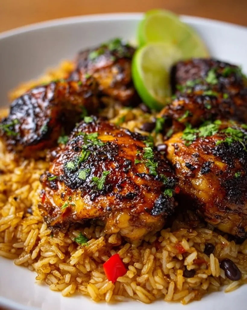 Delicious Caribbean Chicken and Rice garnished with tropical herbs and spices