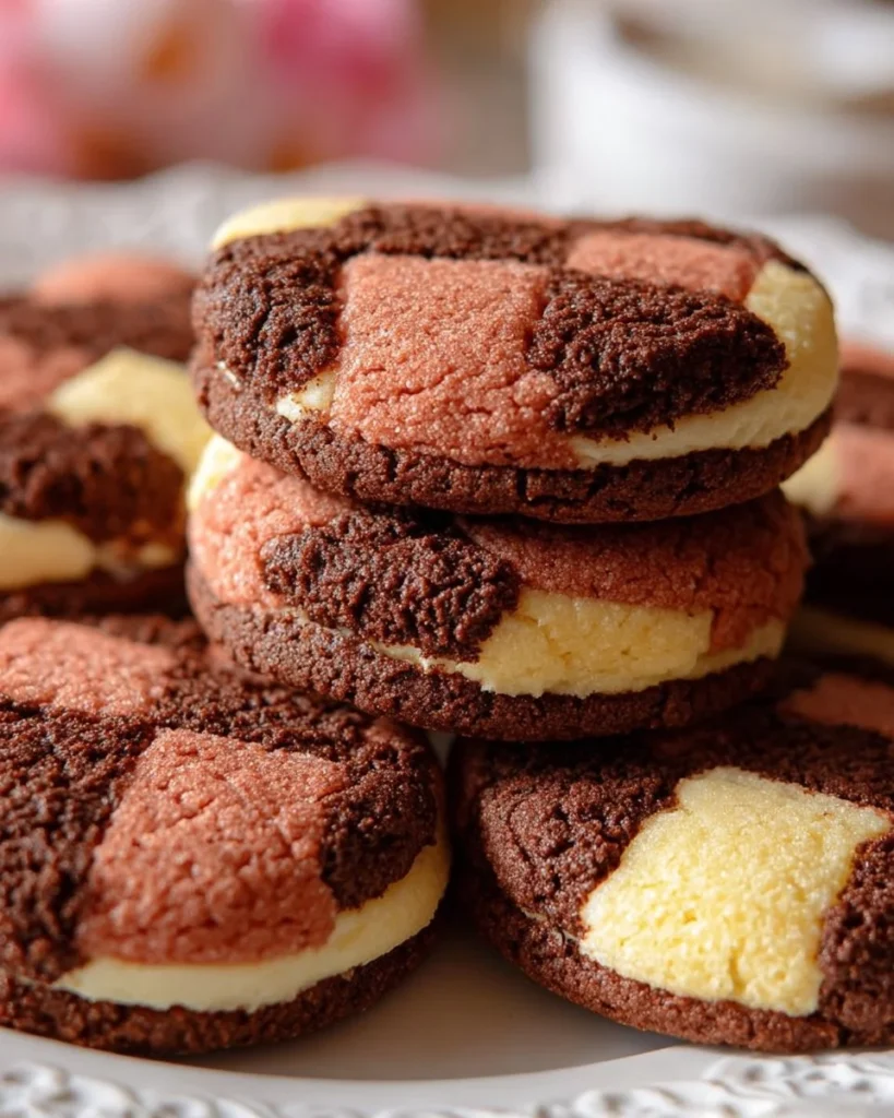 Plate of freshly baked checkered cookies with chocolate and vanilla patterns