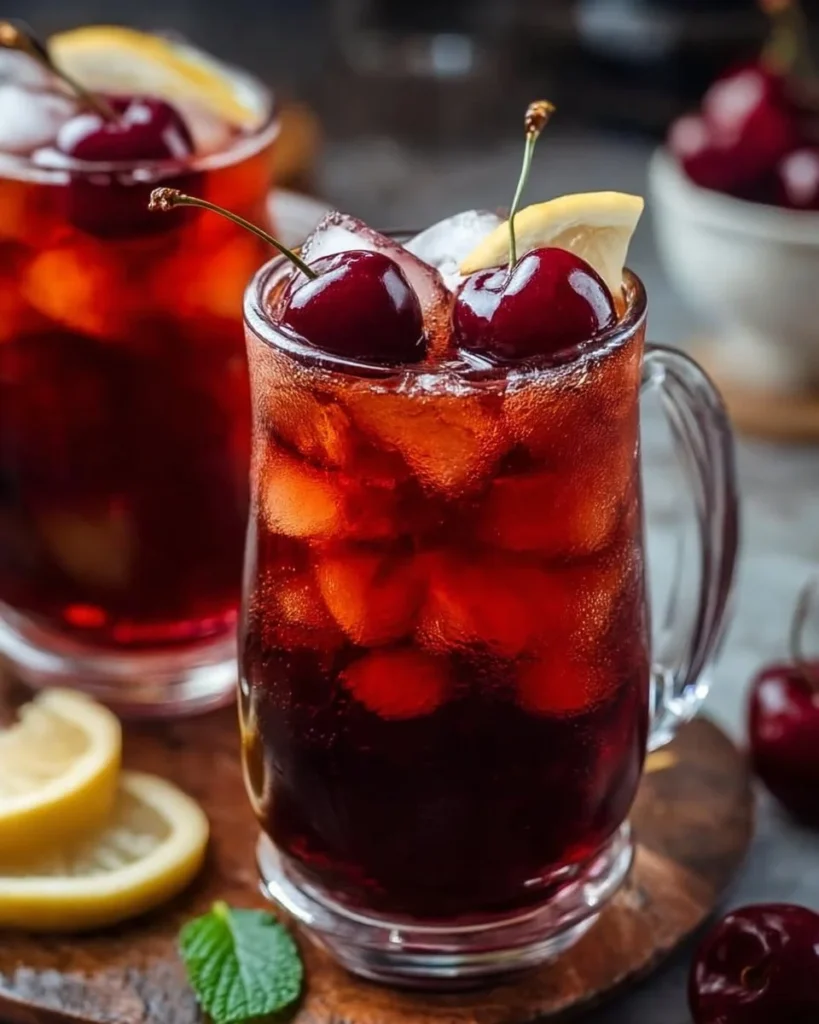 Homemade Cherry Pie Iced Tea in a glass with fresh cherries and mint leaves.