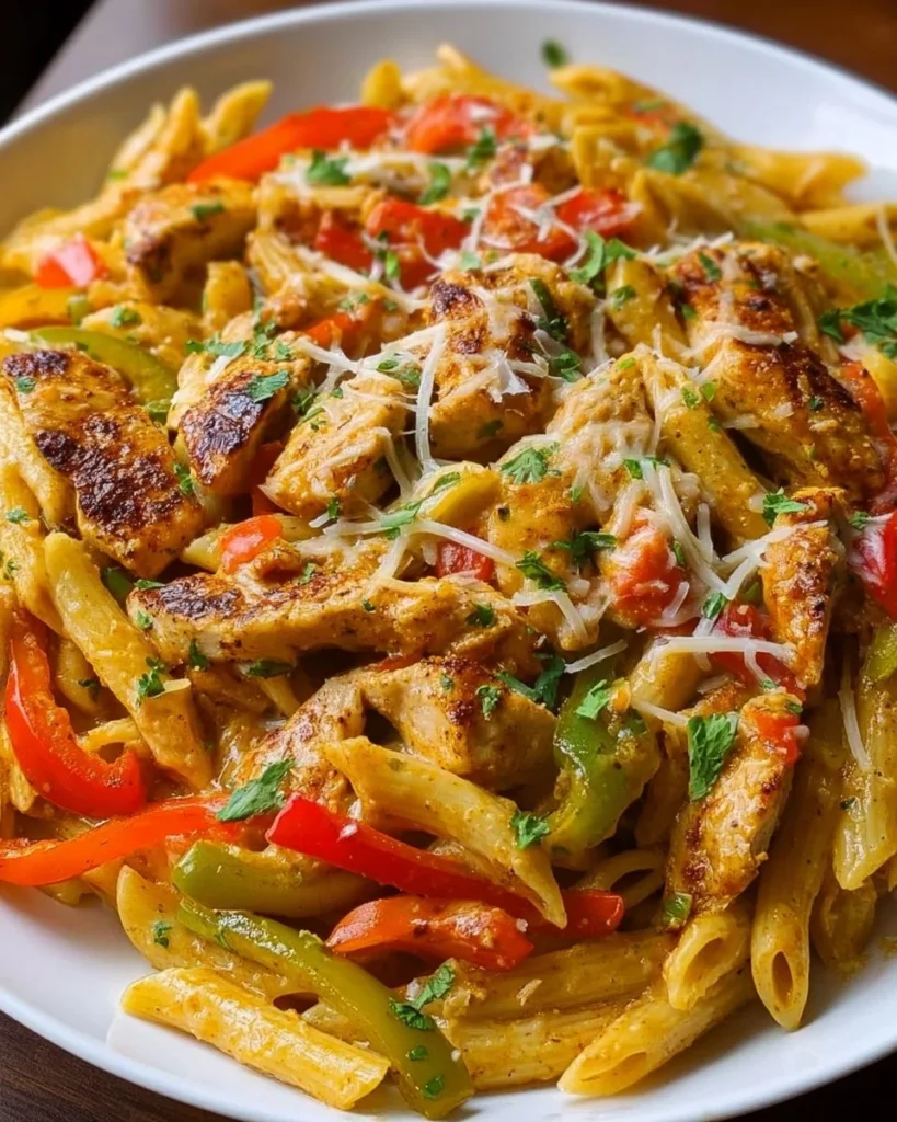 Delicious Chicken Fajita Pasta served in a colorful bowl with peppers and chicken.