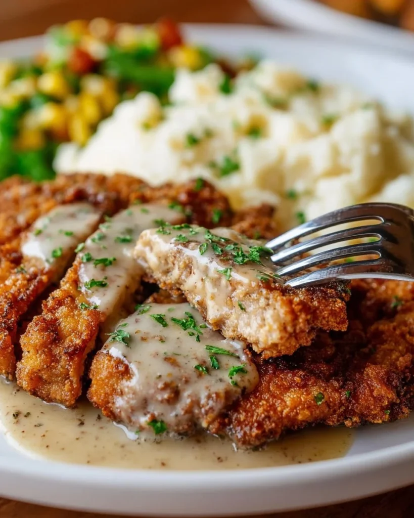 Delicious chicken fried steak served with creamy country gravy.