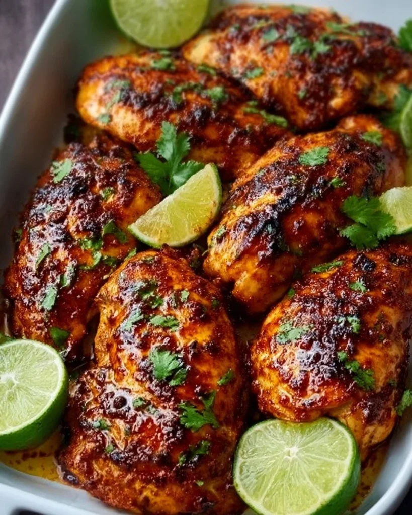 Grilled chili lime chicken on a plate garnished with lime and fresh herbs.
