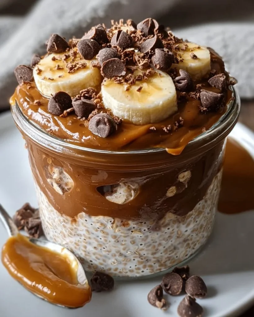 Bowl of chocolate peanut butter overnight oats topped with banana slices.