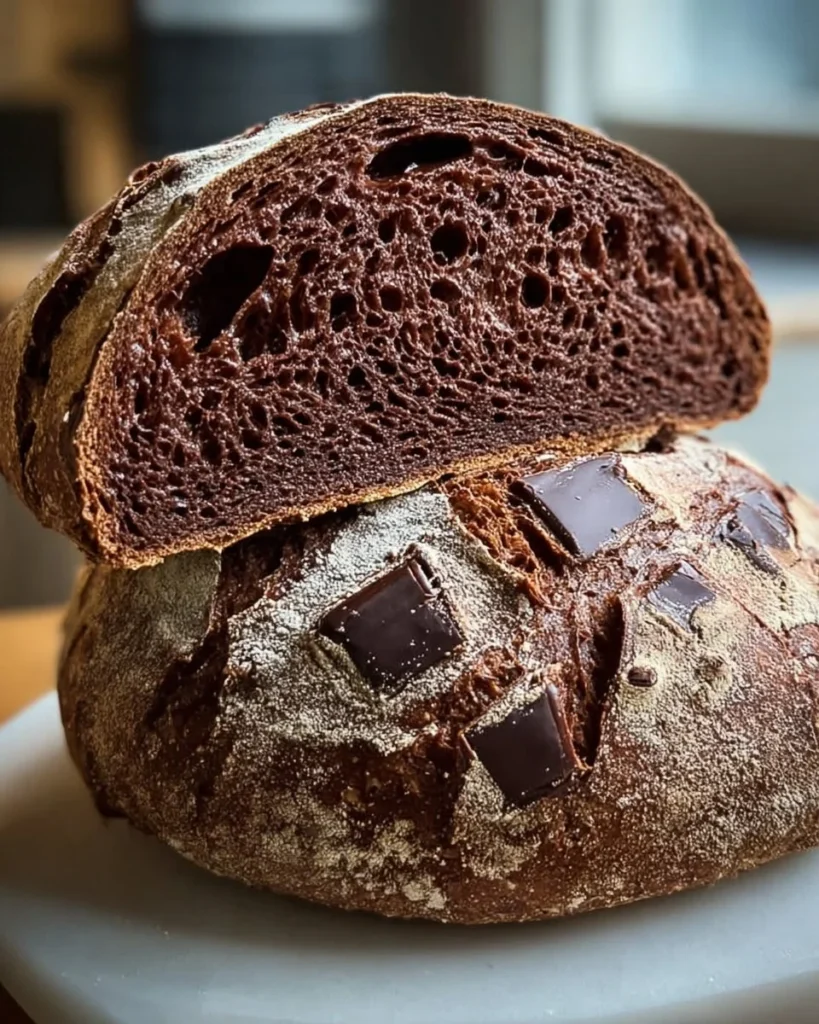 Freshly baked chocolate sourdough bread with a rich, glossy crust