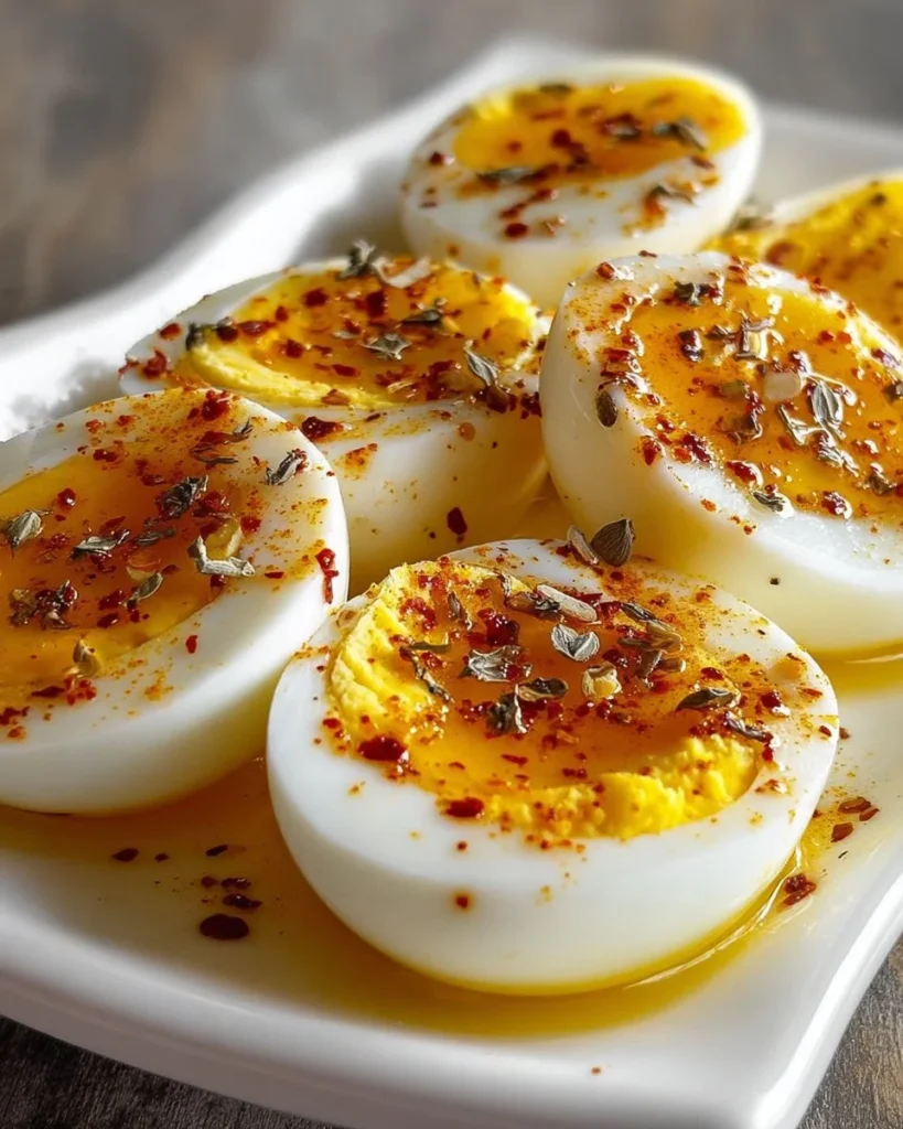 Delicious classic pickled eggs in a jar with spices and herbs