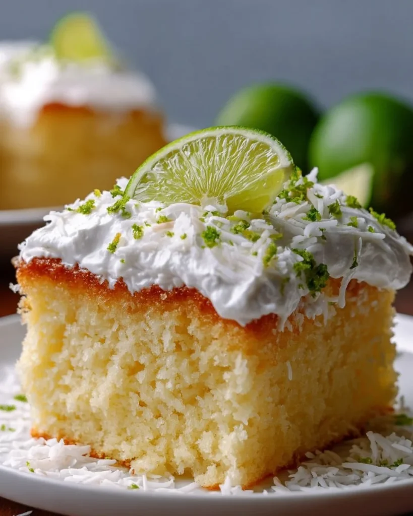 Delicious Coconut Lime Poke Cake topped with coconut flakes and lime zest.