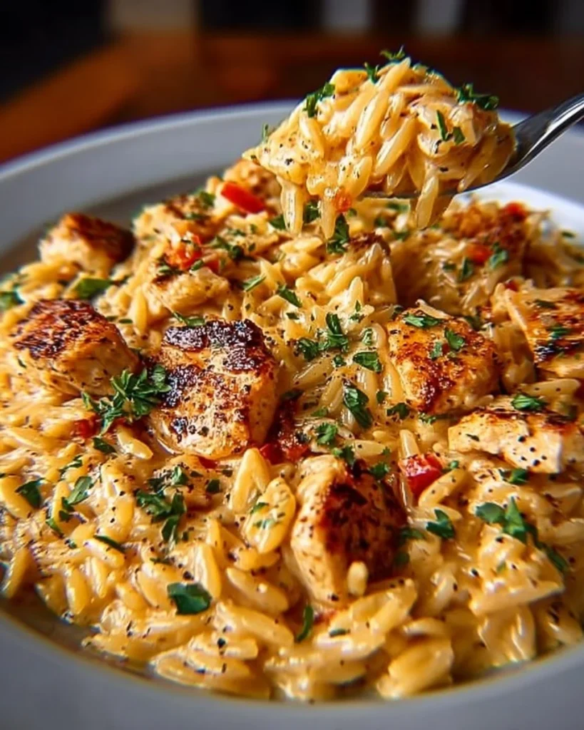 One-Pot Cajun Chicken Alfredo Orzo served in a bowl with herbs