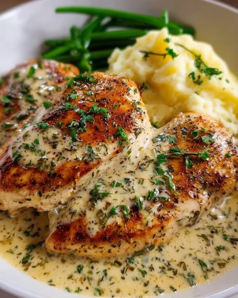 Creamy Garlic Chicken dish served with herbs and vegetables