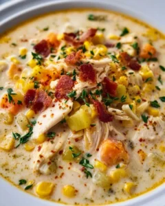 Crockpot chicken corn chowder served in a rustic bowl with fresh herbs