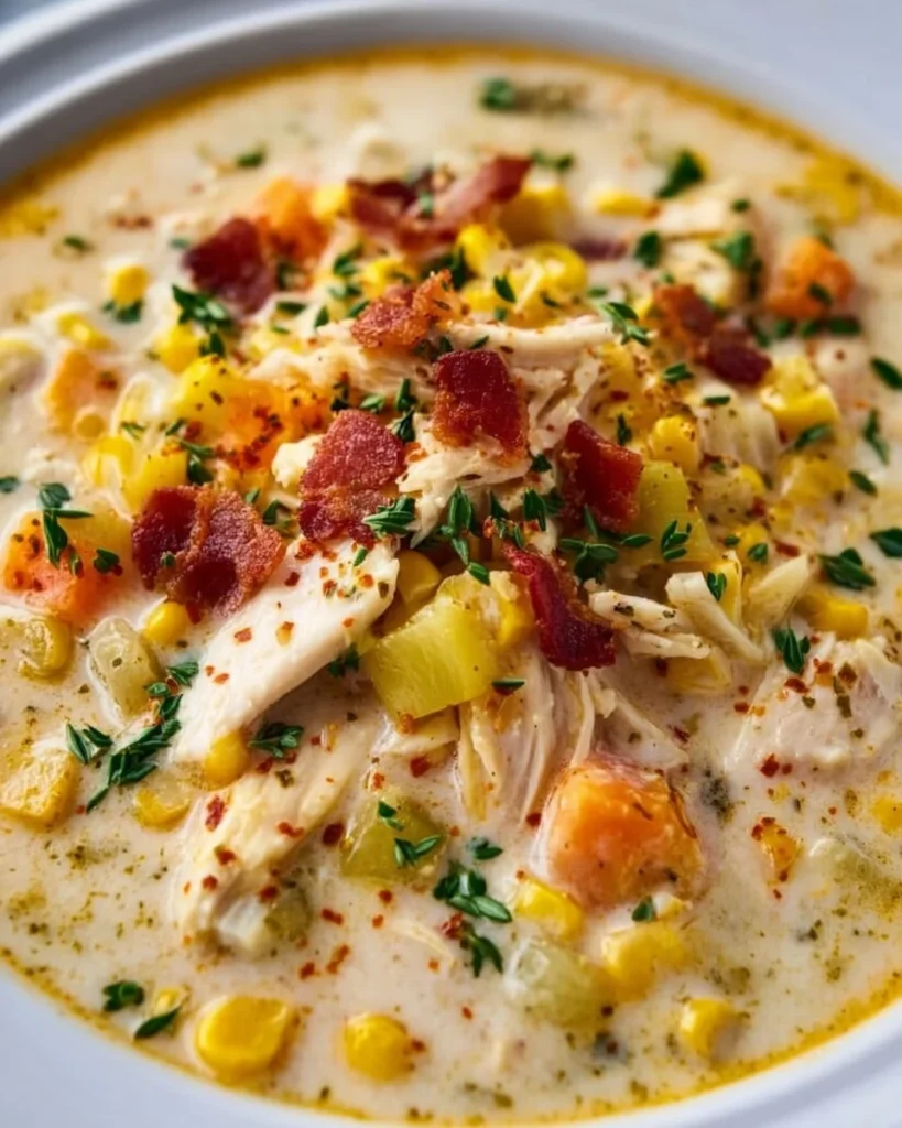 Crockpot chicken corn chowder served in a rustic bowl with fresh herbs