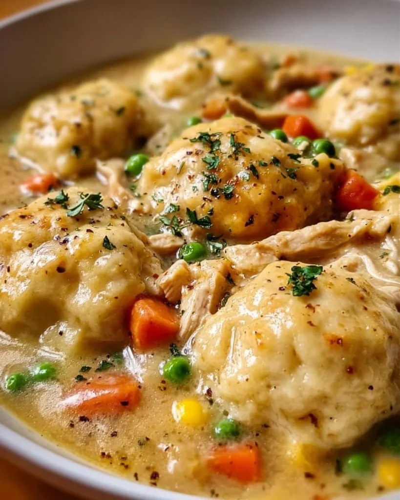 Delicious bowl of Crockpot Chicken and Dumplings ready to serve