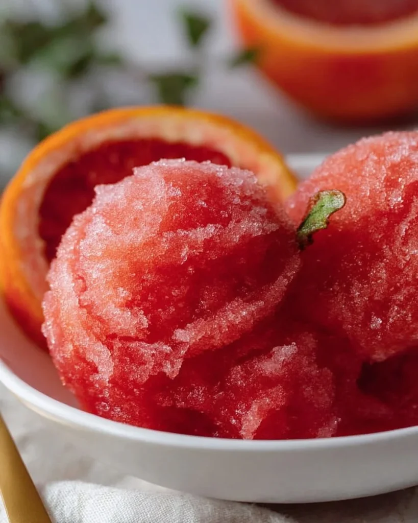 Delicious blood orange champagne sorbet served in a glass with fresh blood oranges.