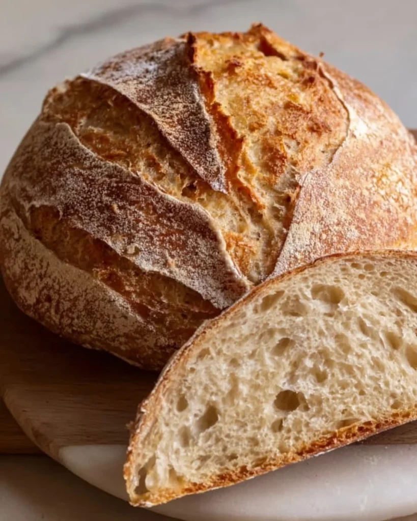 Freshly baked effortless sourdough bread with a golden crust