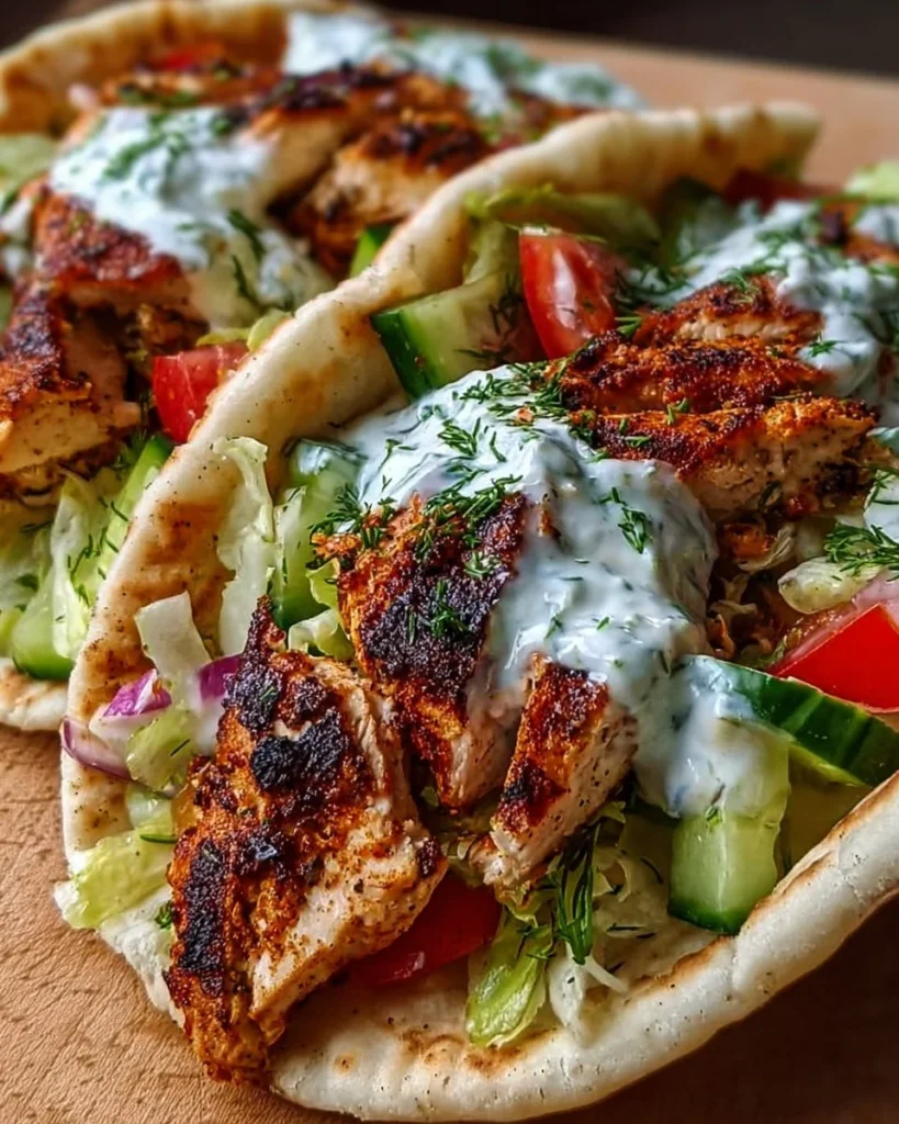 Delicious flavor-packed chicken pitas served with fresh vegetables and sauces