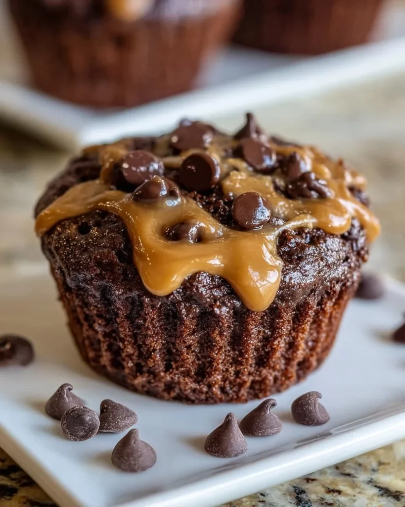 Flourless Chocolate Peanut Butter Muffins freshly baked and presented