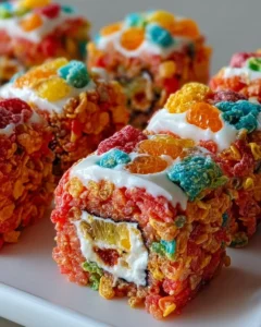 Fruity Pebbles Sushi rolls with colorful ingredients for a fun dessert.