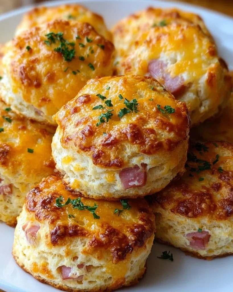 Freshly baked ham and cheese biscuits on a wooden cutting board